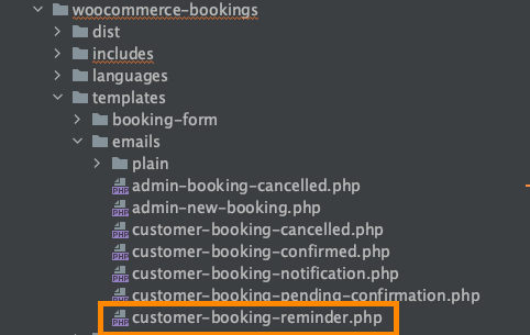 Location for reminder email template for WooCommerce Bookings