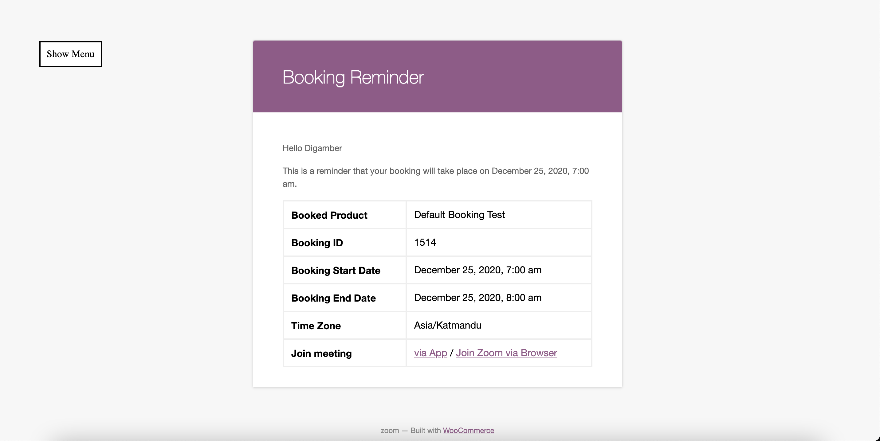 Add Meeting Join links in WooCommerce Bookings Reminder E-mail