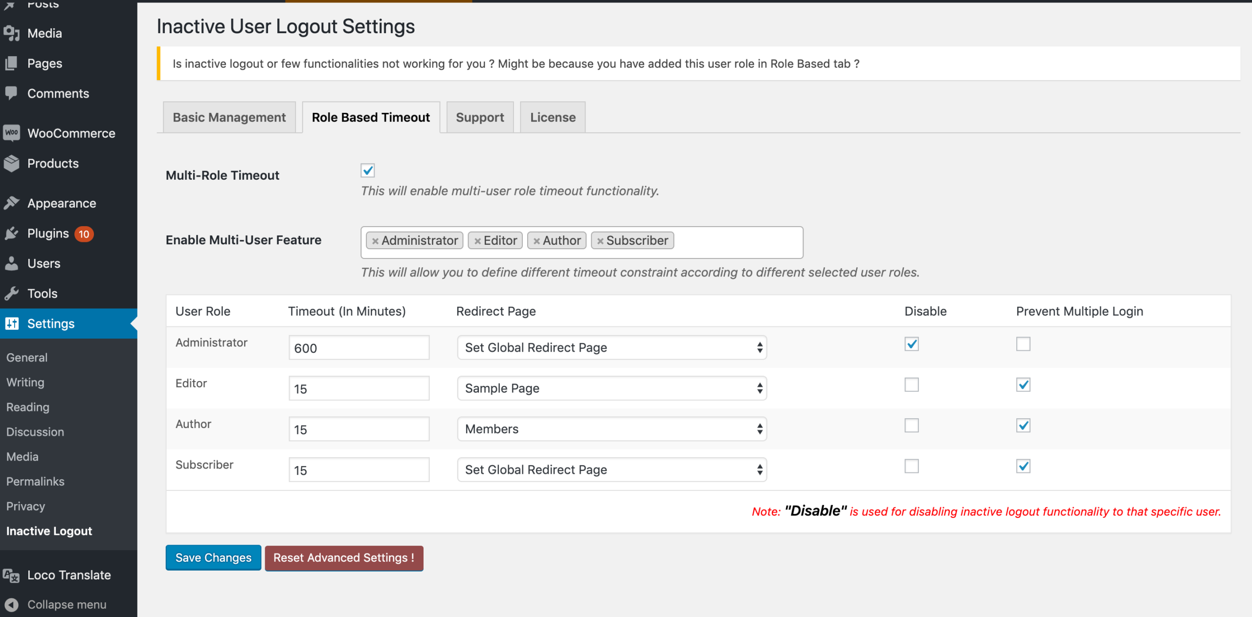 Inactive User Logout Settings ‹ Plugin Tester — WordPress